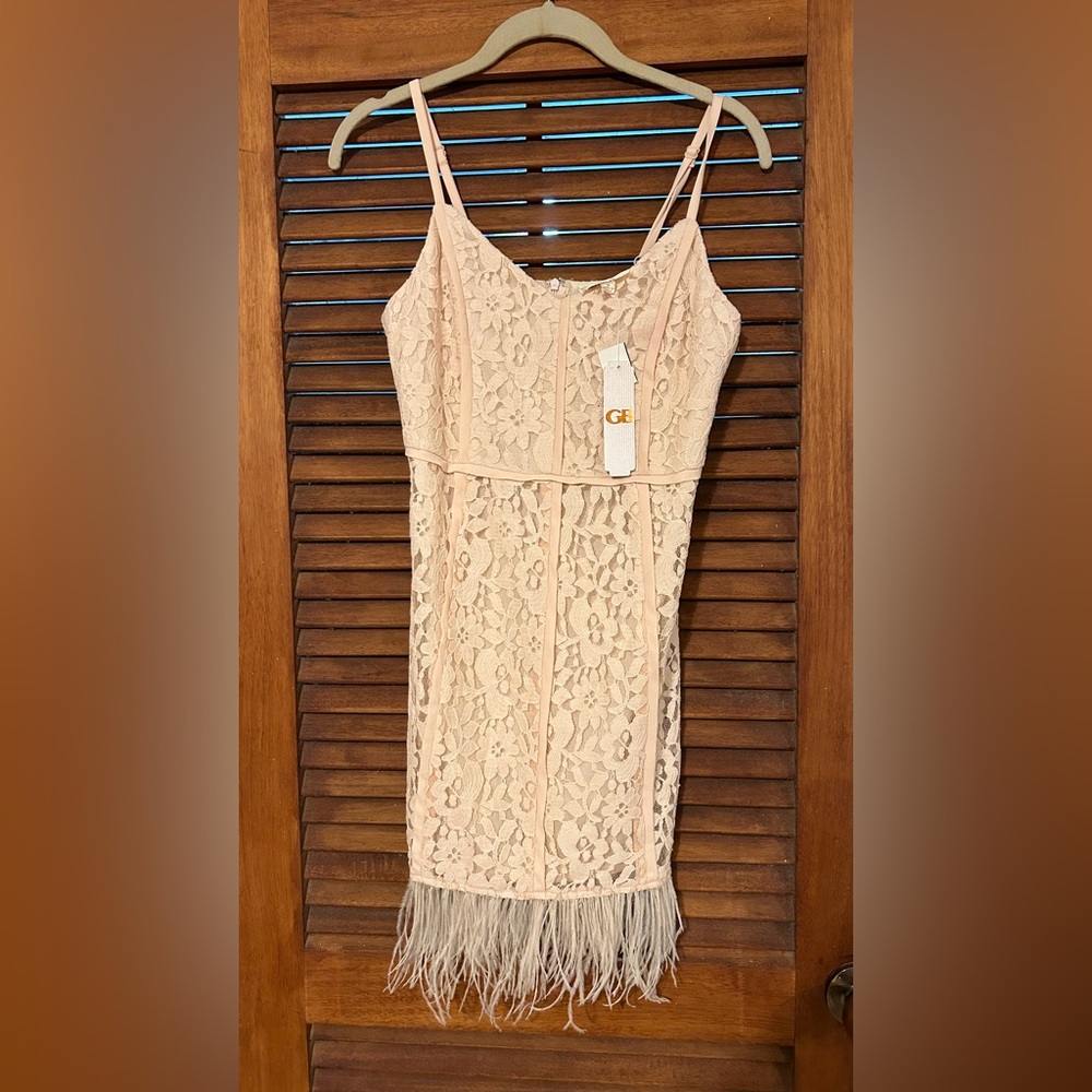 NWT GIANNI BINI Blush Floral Lace Mini NYE Flapper Dress w Feathers Size S